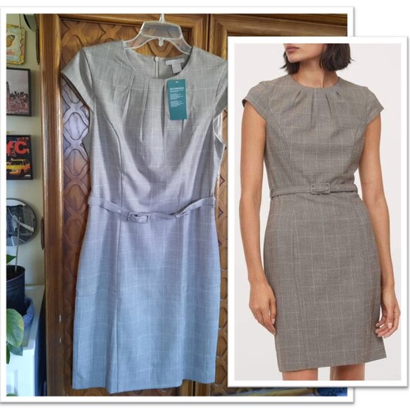 H&M Windowpane Plaid Belted Sheath Dress Office Work NWT!-  Beige/Gray, Size S - Picture 1 of 16